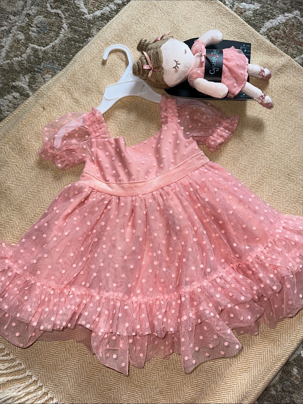 NWT CYNTHIA ROWLEY Pink Polka Dot Tulle Baby Dress WITH TOY 18m